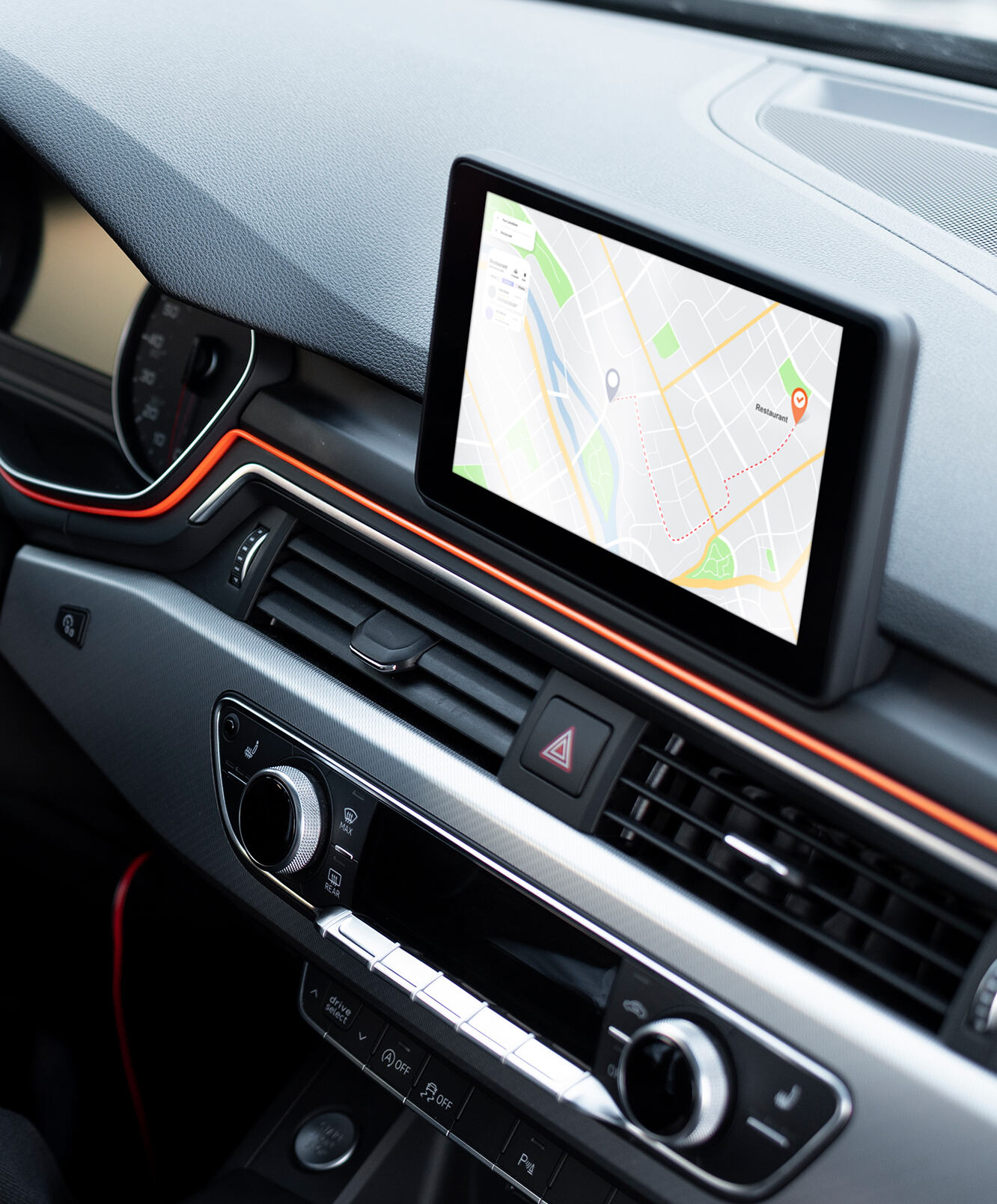 Modern car dashboard infotainment screen with connected in-car controls